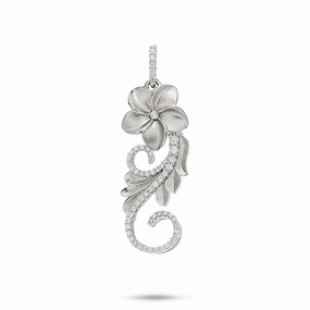 Fantastic Gift Casual Item Hawaiian Heirloom Plumeria Pendant in White Gold with Diamonds - 30mm