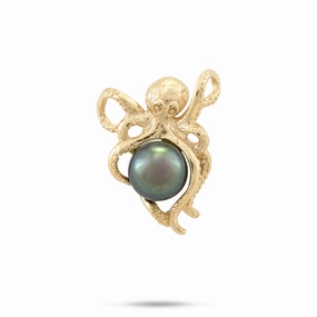 Subtle Detail Personalized Gift He?e (Octopus) Tahitian Black Pearl Pendant in Gold - 8-10mm