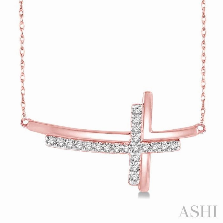 Graceful Detail 1/10 Ctw Reclining Double Cross Round Cut Diamond Pendant With Link Chain in 10K Rose Gold