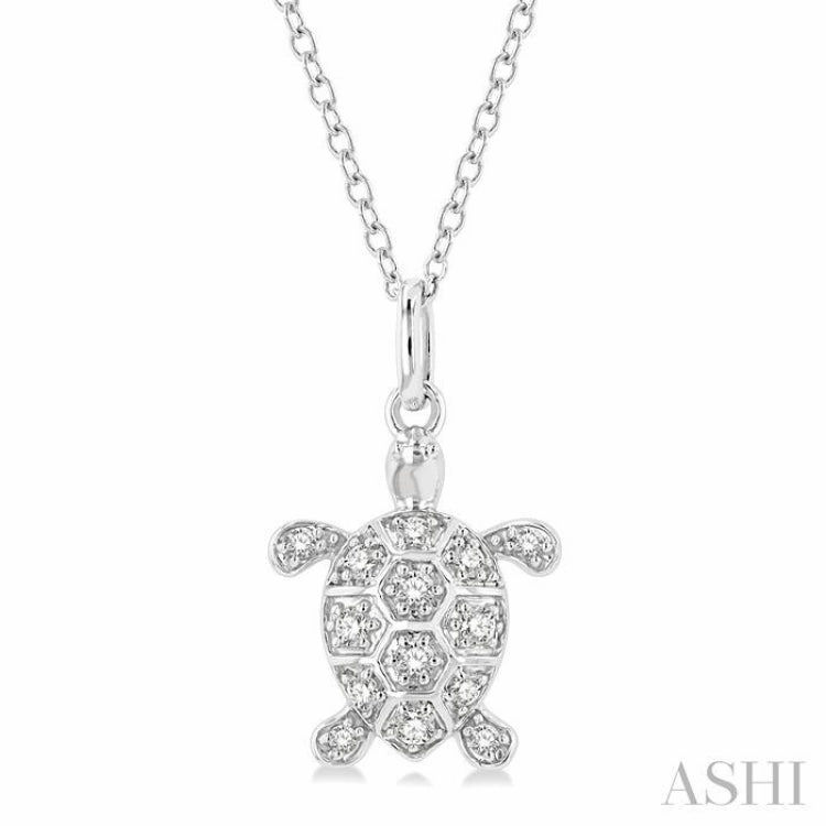 1/6 Ctw Marine Life Turtle Petite Round Cut Diamond Fashion Pendant With Chain in 10K White Gold Eternal Piece Magnificent Jewelry