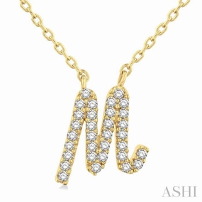 Soft Detail Night Out Piece 1/10 Ctw Initial 'M' Calligraphy Round Cut Diamond Fashion Pendant With Chain in 14K Yellow Gold