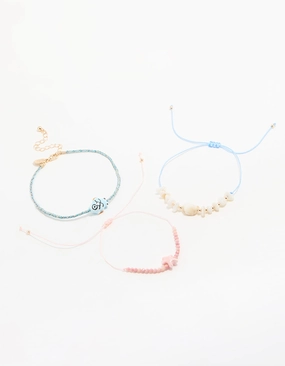 Eye Catching Gold Beaded Rope Shell & Fish Anklets 3-Pack