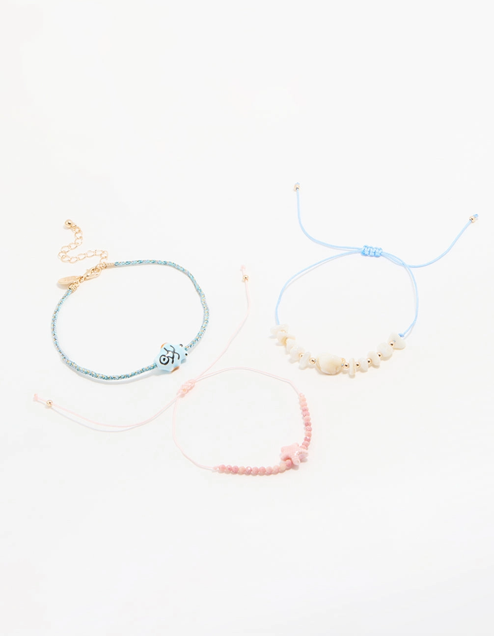 Eye Catching Gold Beaded Rope Shell & Fish Anklets 3-Pack