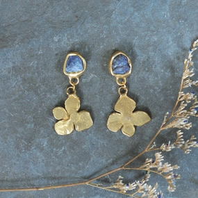 Gloss Layer Hydrangea Bloom Earrings - Brass, Tanzanite   Silver