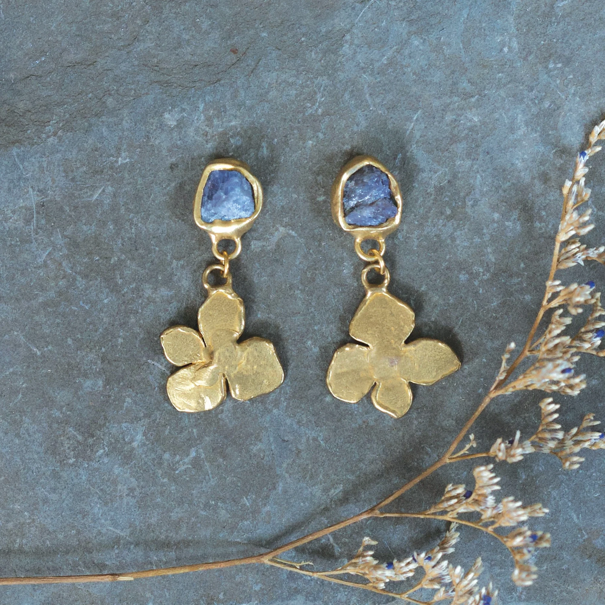 Gloss Layer Hydrangea Bloom Earrings - Brass, Tanzanite   Silver