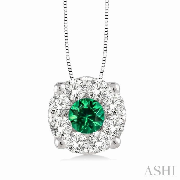 Soft Accent 3.8 MM Round Cut Emerald and 1/3 Ctw Lovebright Precious Pendant in 14K White Gold with Chain