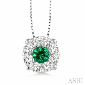 Soft Accent 3.8 MM Round Cut Emerald and 1/3 Ctw Lovebright Precious Pendant in 14K White Gold with Chain