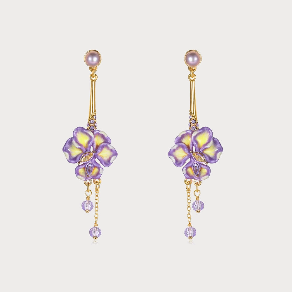 Iris Flower Crystal Drop Earrings Sleek Glamour Distinctive Shine