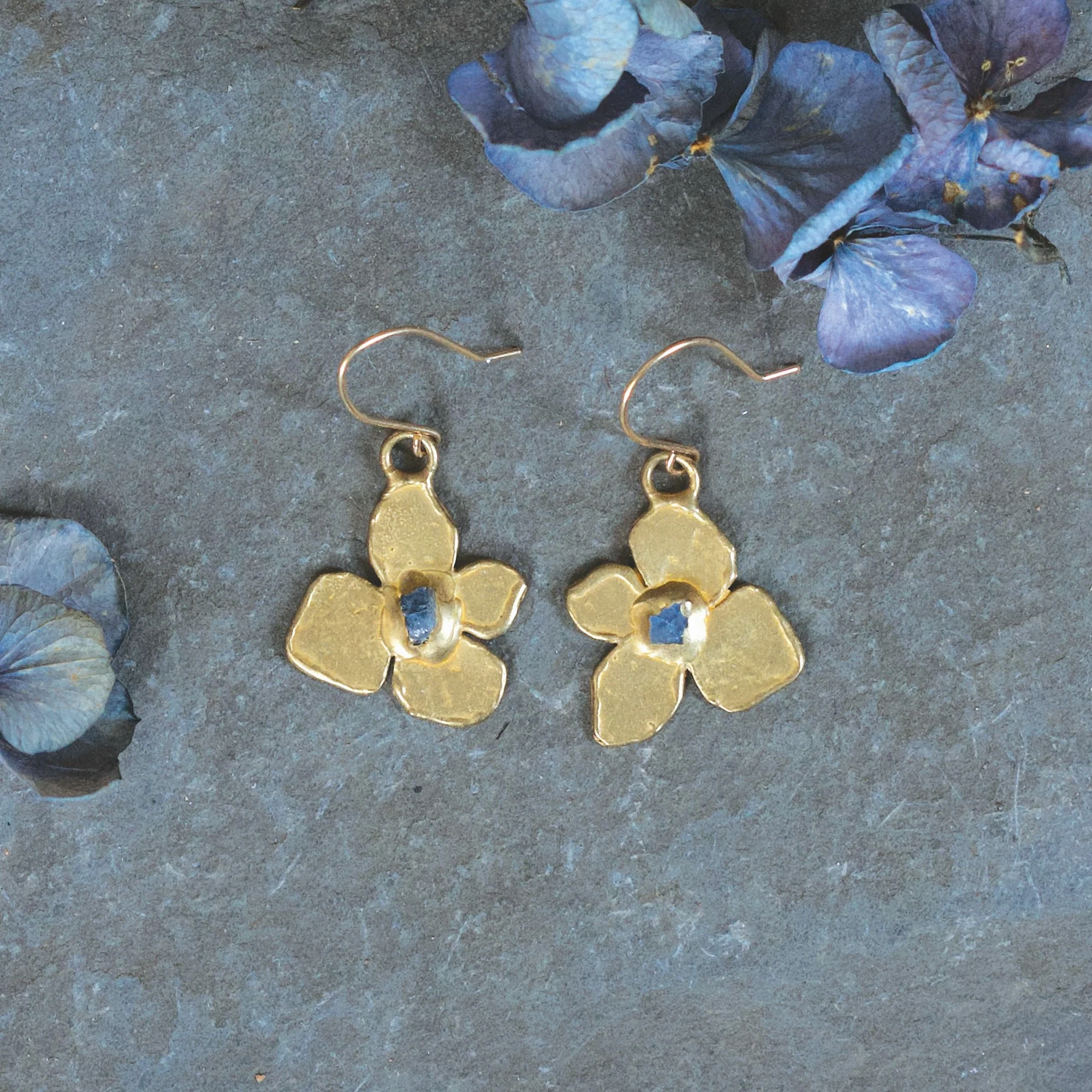 Glam Glow Hydrangea Earrings - Brass, Blue Sapphire   Gold fill