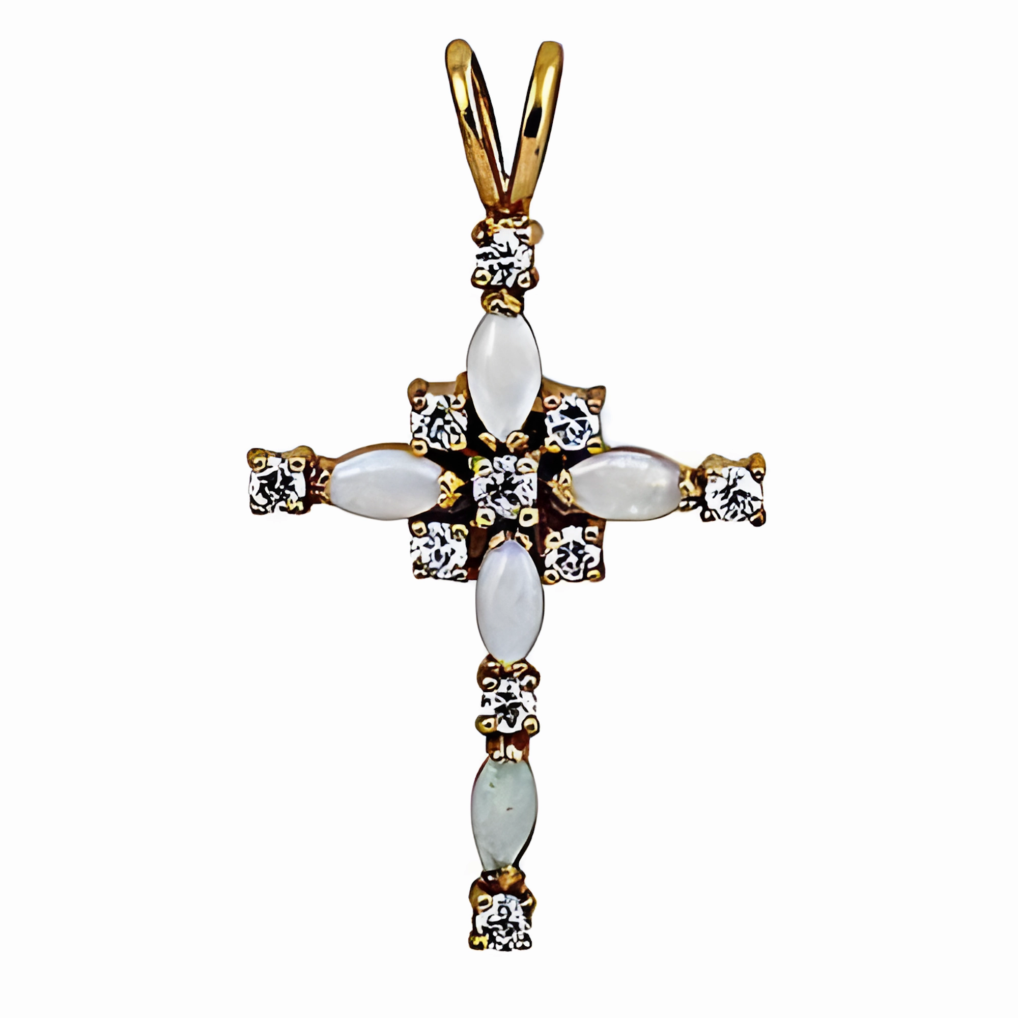 Cultural Gift Silver & Gold Plated Cross Style Pendant with Rainbow Moonstone & CZ