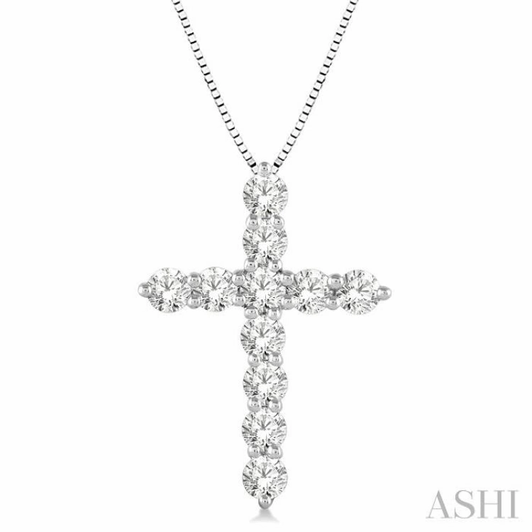 1 Ctw Round Cut Diamond Cross Pendant in 14K White Gold with Chain Trendy Design Daily Accent