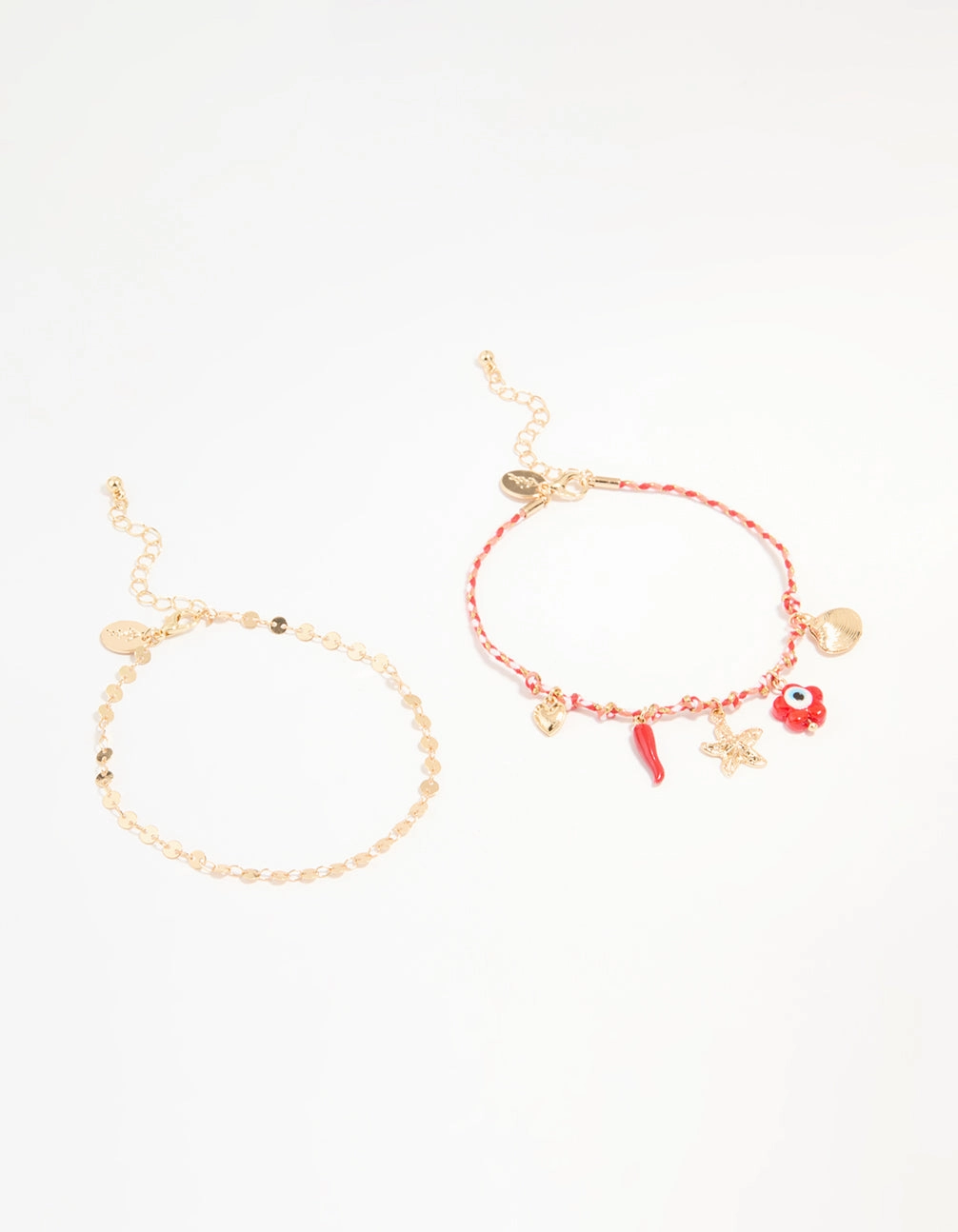 Brilliant Accent Gold Red Rope Starfish & Disc Anklets 2-Pack