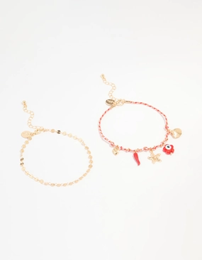 Brilliant Accent Gold Red Rope Starfish & Disc Anklets 2-Pack