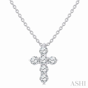 Daily Wear 1/4 Ctw Round Cut Diamond Christian Cross 6-Stone Fashion Pendant With Chain in 14K White Gold