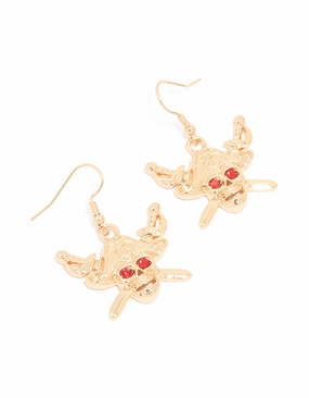 Gold Red Diamante Skeleton Pirate Face Drop Earrings Luxury Fashion Stylish Choice