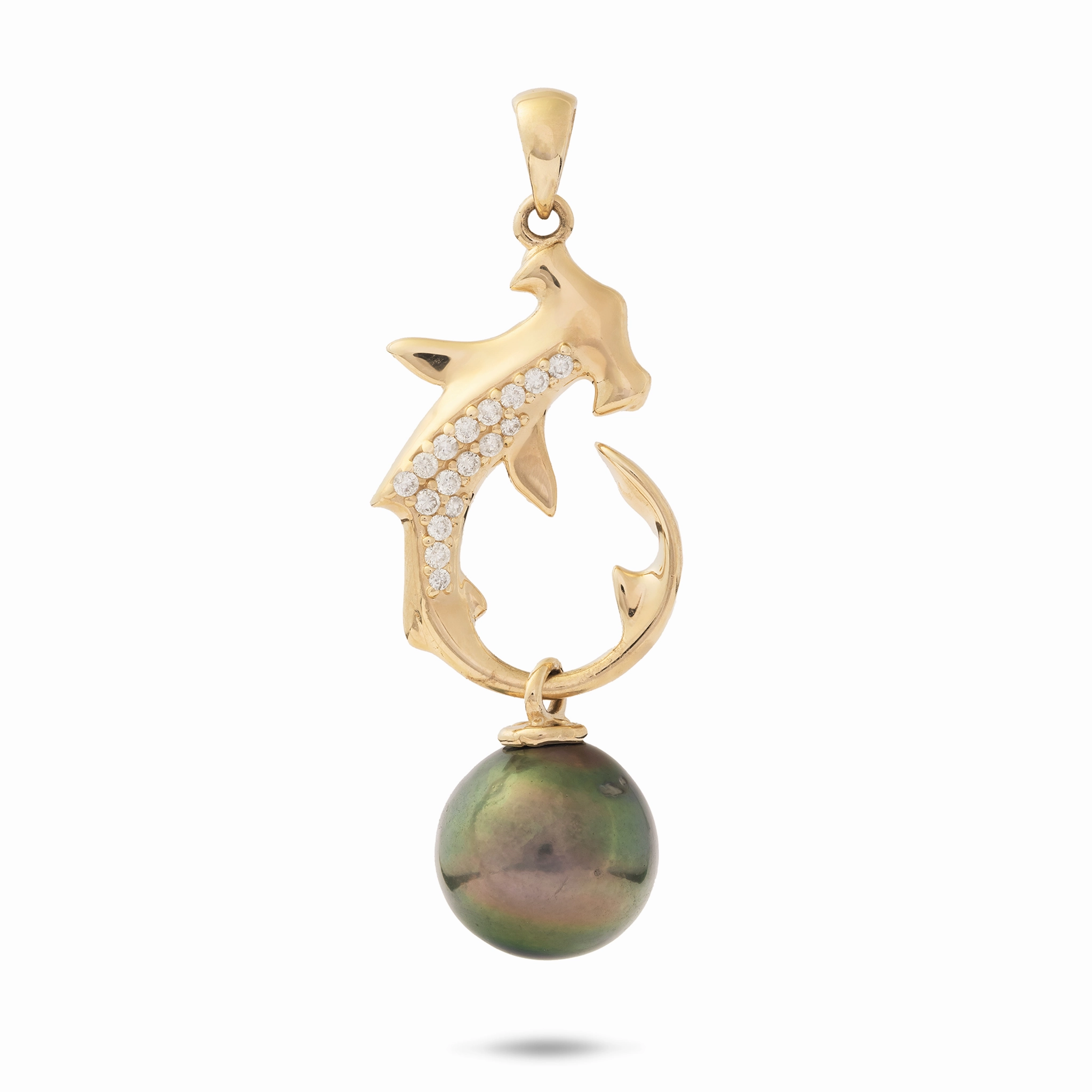 Ocean Dance Hammerhead Shark Tahitian Black Pearl Pendant in Gold with Diamonds Cultural Present Modern Design