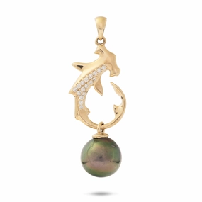 Ocean Dance Hammerhead Shark Tahitian Black Pearl Pendant in Gold with Diamonds Cultural Present Modern Design