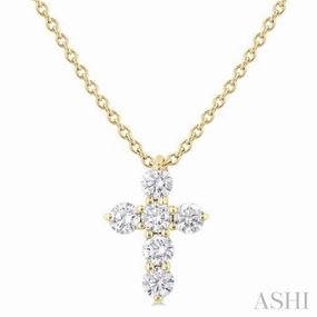 1/4 Ctw Round Cut Diamond Christian Cross 6-Stone Fashion Pendant With Chain in 14K Yellow Gold Superior Ornament Vacation Piece