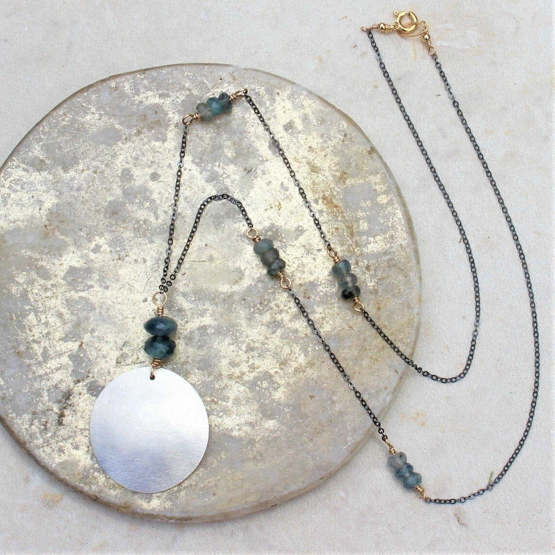 Larken Necklace - Black Oxidized Chain   Moss Aquamarine Charming Details