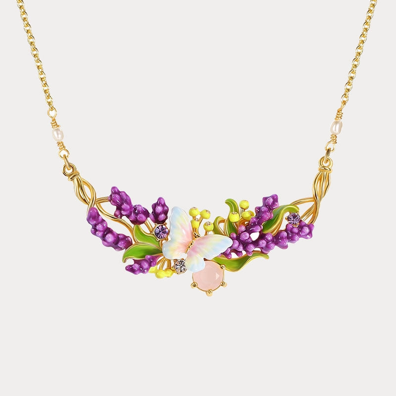 Luminous Sparkle Lavender Butterfly Necklace with Pink Crystal