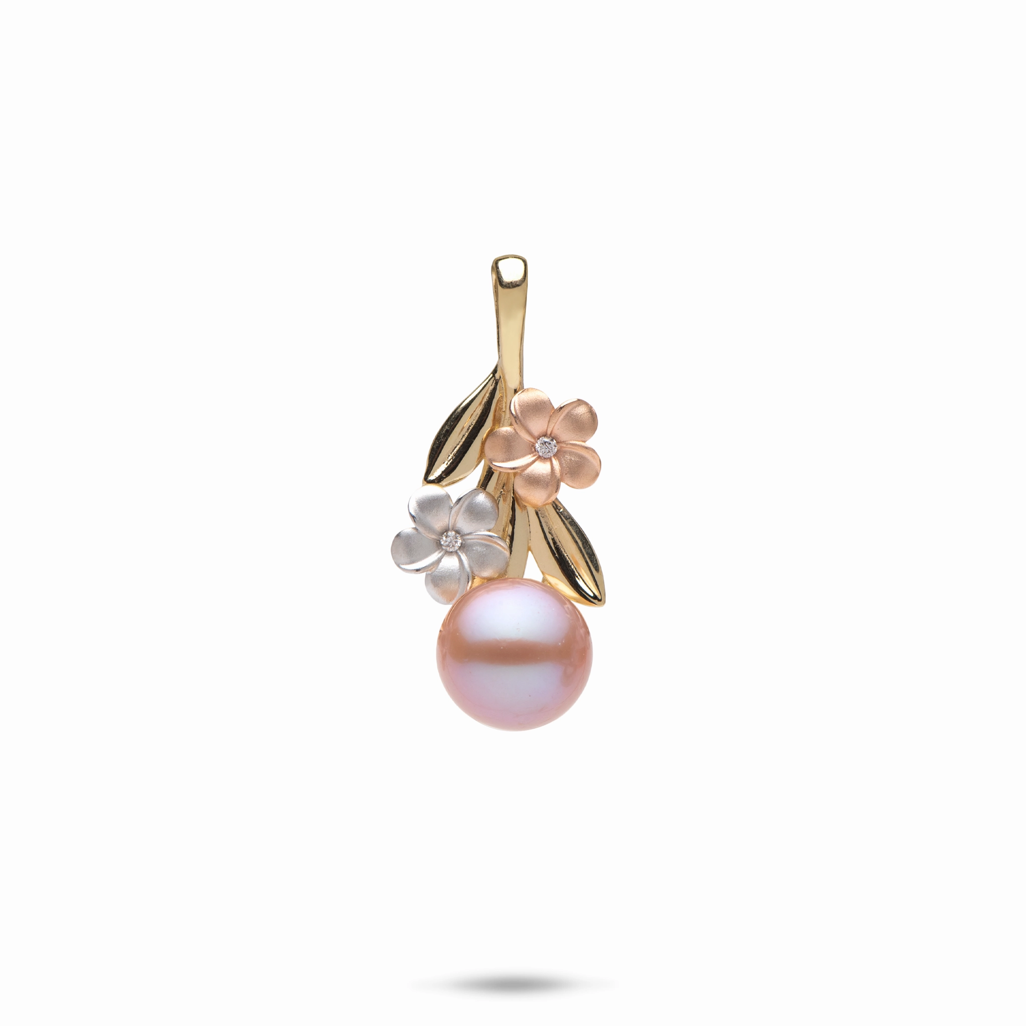 Pearls in Bloom Plumeria Lavender Freshwater Pearl Pendant in Tri Color Gold with Diamonds - 7-8mm Ornamental Chain Elegant Ornament