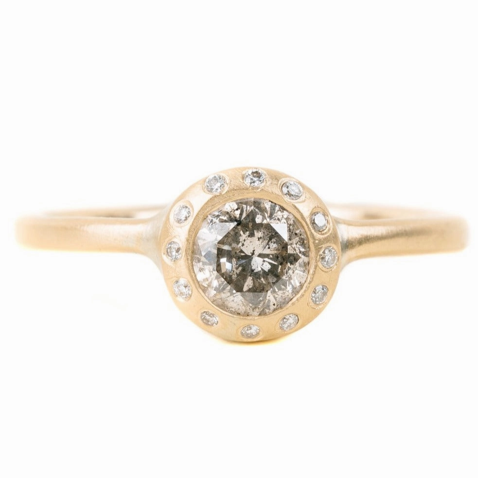 Custom Piece Legacy Diamond Ring - Salt   Pepper Brilliant Cut Diamond set in a 18ky Gold Smooth Extra Heavy Bezel with a Halo Flush Set with VS Diamonds