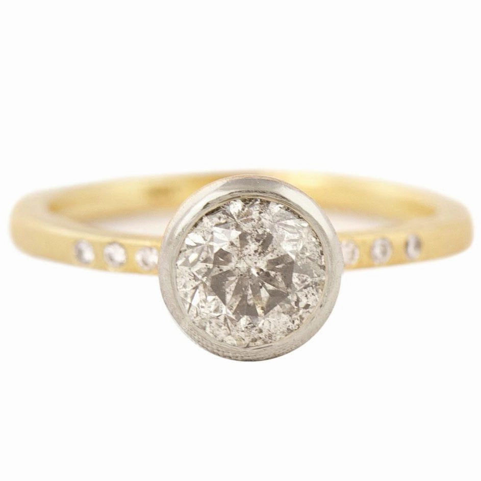 Trendy Glow Effortless Glimmer Legacy Diamond Ring - Salt   Pepper Brilliant Cut Diamond set in an 14kpw Gold Smooth Bezel   18ky Gold Band with Flush Set VS side Diamonds