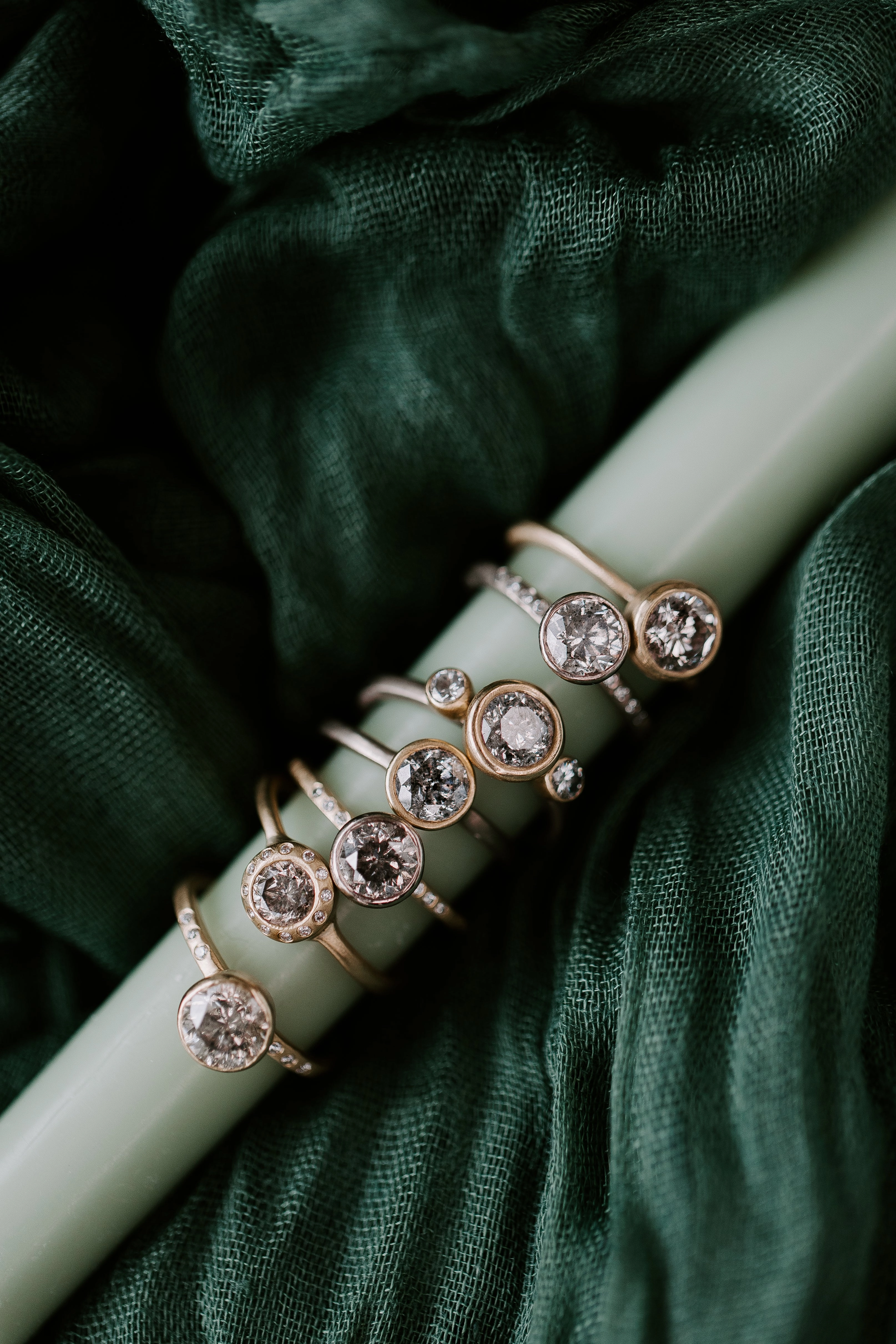 Understated Spark Legacy Diamond Ring - Salt   Pepper Brilliant Cut Diamond set in an 14kpw Gold Smooth Bezel   18ky Gold Band with Flush Set VS side Diamonds