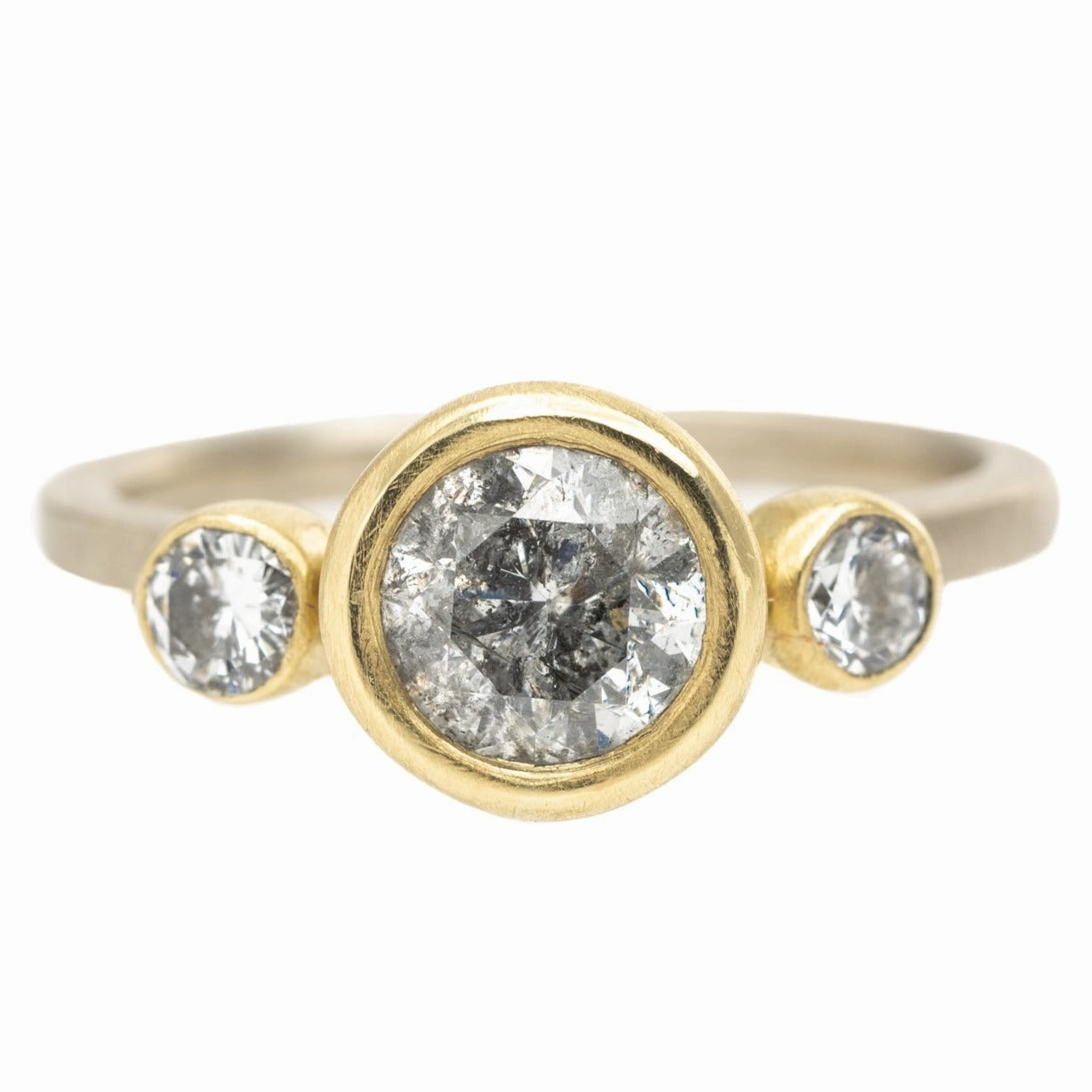 Daily Collection Glamorous touch Legacy Diamond Ring - Salt   Pepper Brilliant Cut Diamond set in an 18ky Gold Extra Heavy Bezel with VS Side Diamonds on a 14kpw Gold Band