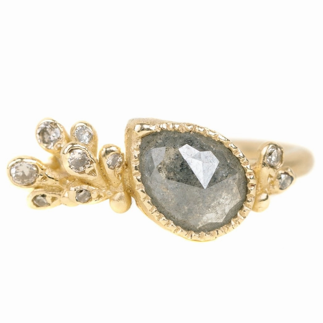 Rose Cut Grey Diamond with Paisley Ring In Yellow Gold With Champagne Diamonds Sophisticated Edge