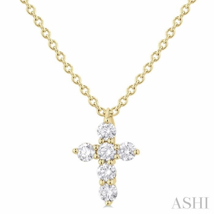 Mass Produced Jewelry Green Piece 1/6 Ctw Round Cut Diamond Christian Cross 6-Stone Fashion Pendant With Chain in 14K Yellow Gold