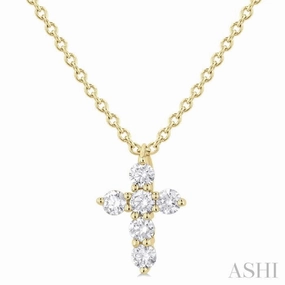 Mass Produced Jewelry Green Piece 1/6 Ctw Round Cut Diamond Christian Cross 6-Stone Fashion Pendant With Chain in 14K Yellow Gold
