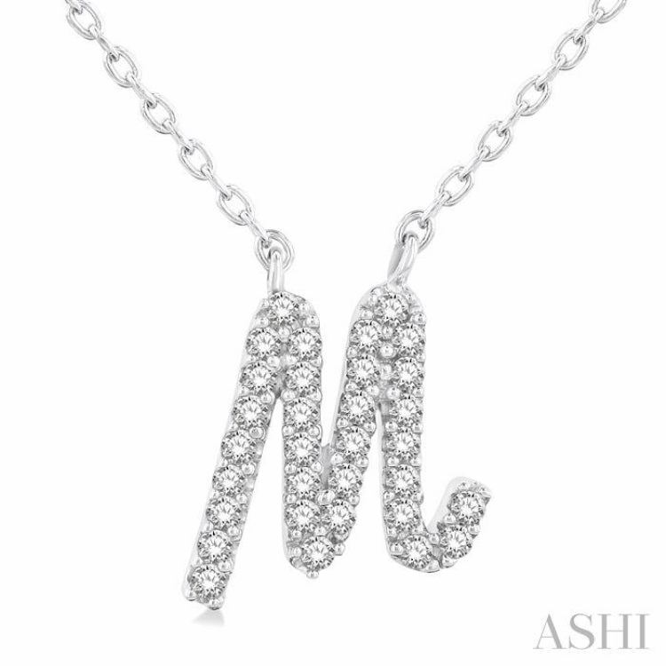 1/10 Ctw Initial 'M' Calligraphy Round Cut Diamond Fashion Pendant With Chain in 14K White Gold Simple Adornment Social Media Item