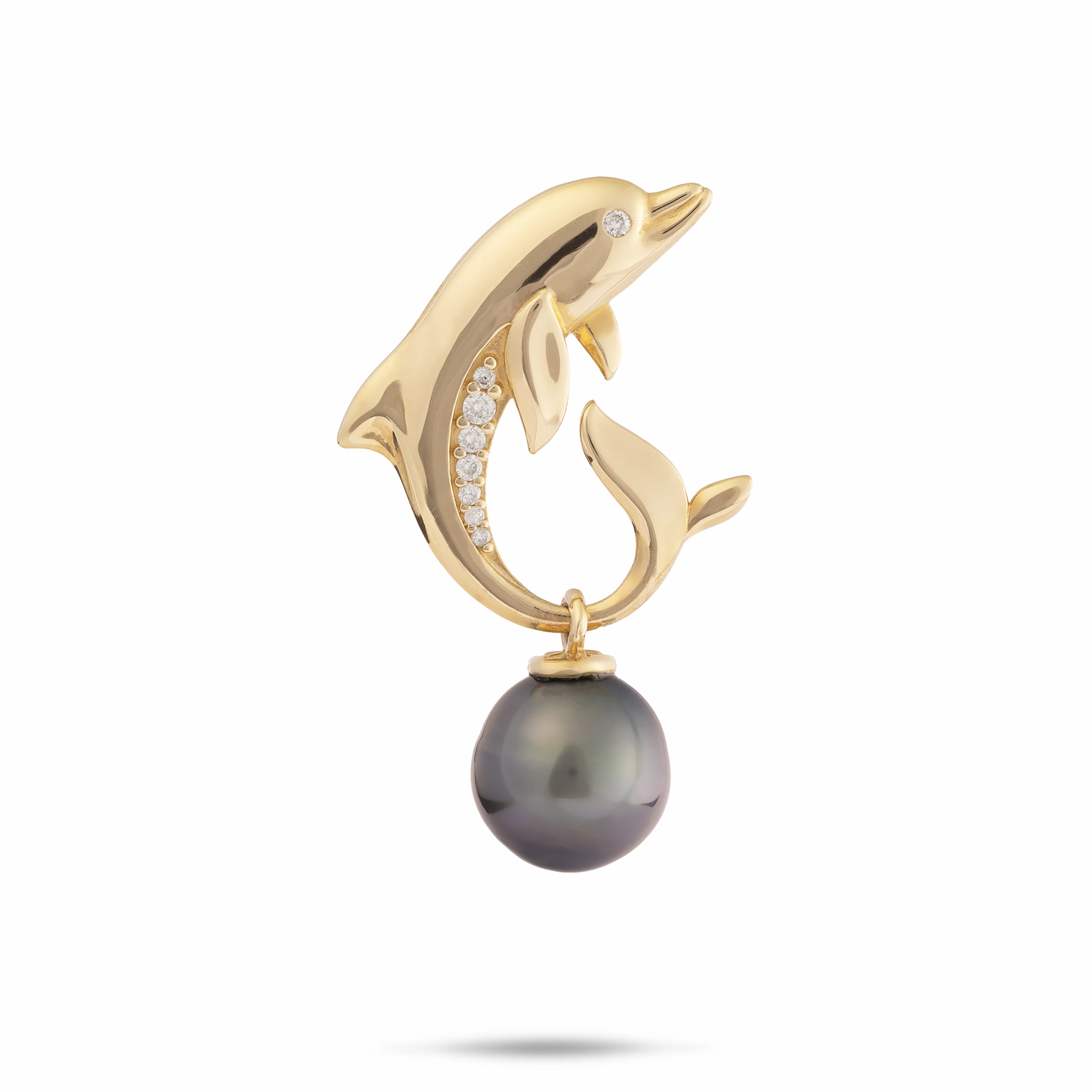 Wedding Piece Ocean Dance Dolphin Tahitian Black Pearl Pendant in Gold with Diamonds - 9-10mm