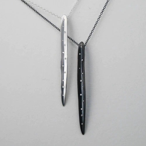 Graceful Flow Long Leaf Diamond Necklace - Oxidized Silver   Diamonds