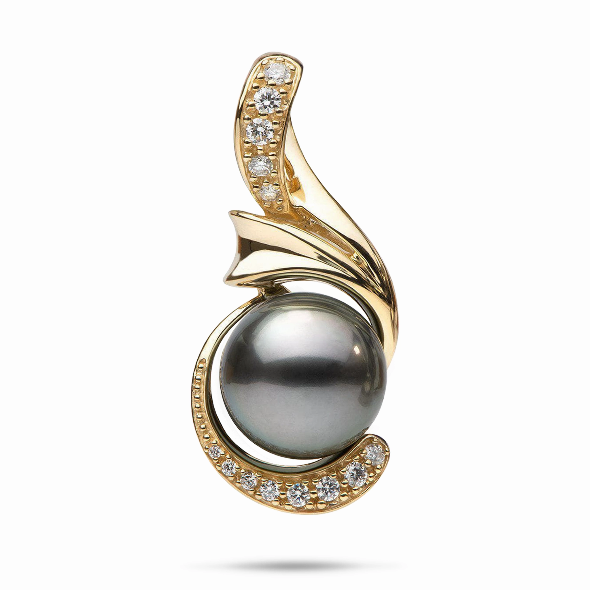 All weather Timeless Highlight Tahitian Black Pearl Pendant in Gold with Diamonds - 14-15mm