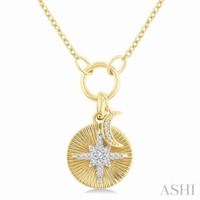 Green Piece Minimalist Style 1/8 Ctw Crescent Moon & Star Charm Fluted Round Cut Diamond Fashion Pendant With Chain in 10K Yellow and White Gold