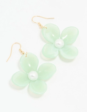 Statement Look Gold Green Acrylic Pearl Center Flower Drop Earrings