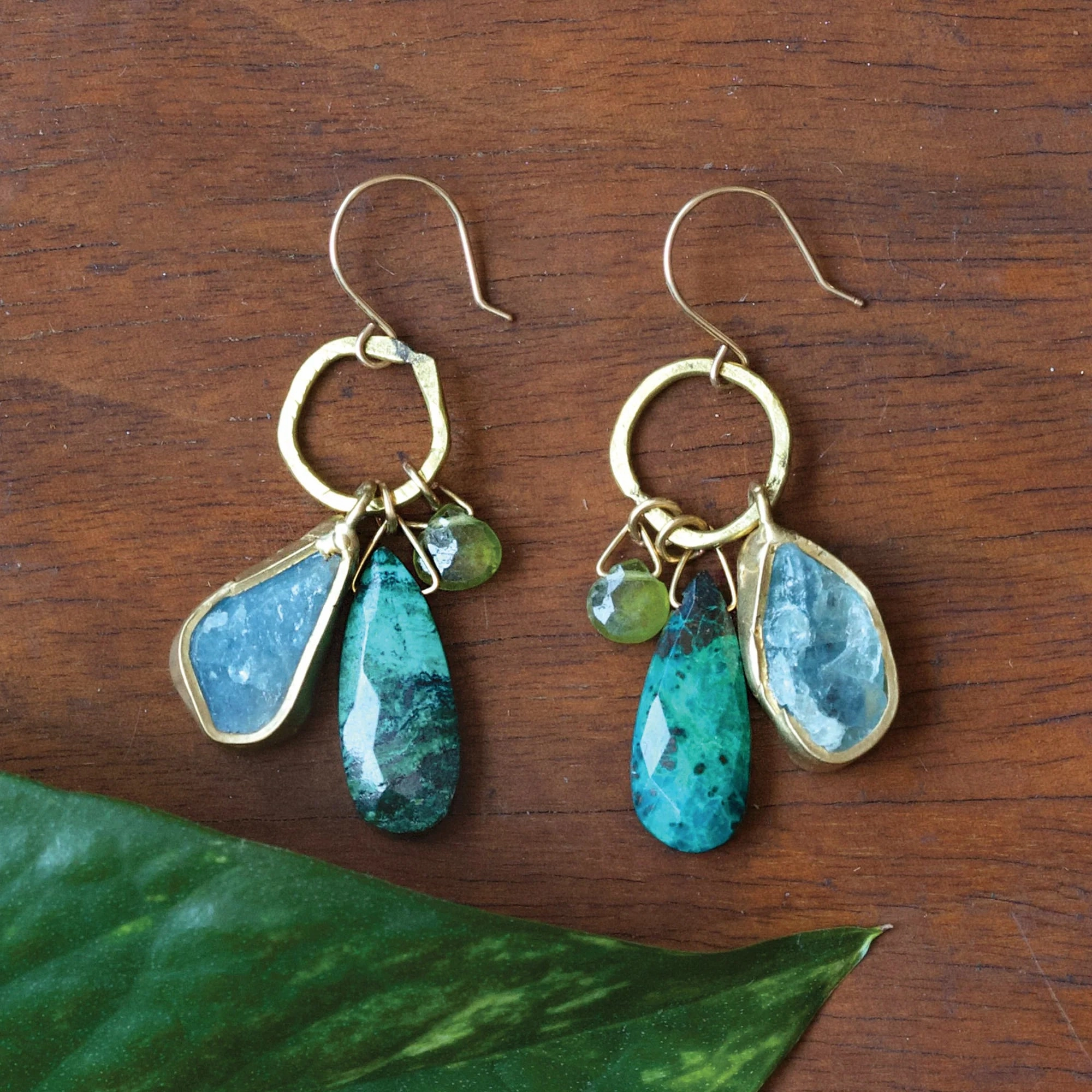 Chic Flow Chic Ensemble Lure Earrings - Brass, Aquamarine, Vesuvianite   Chrysocolla