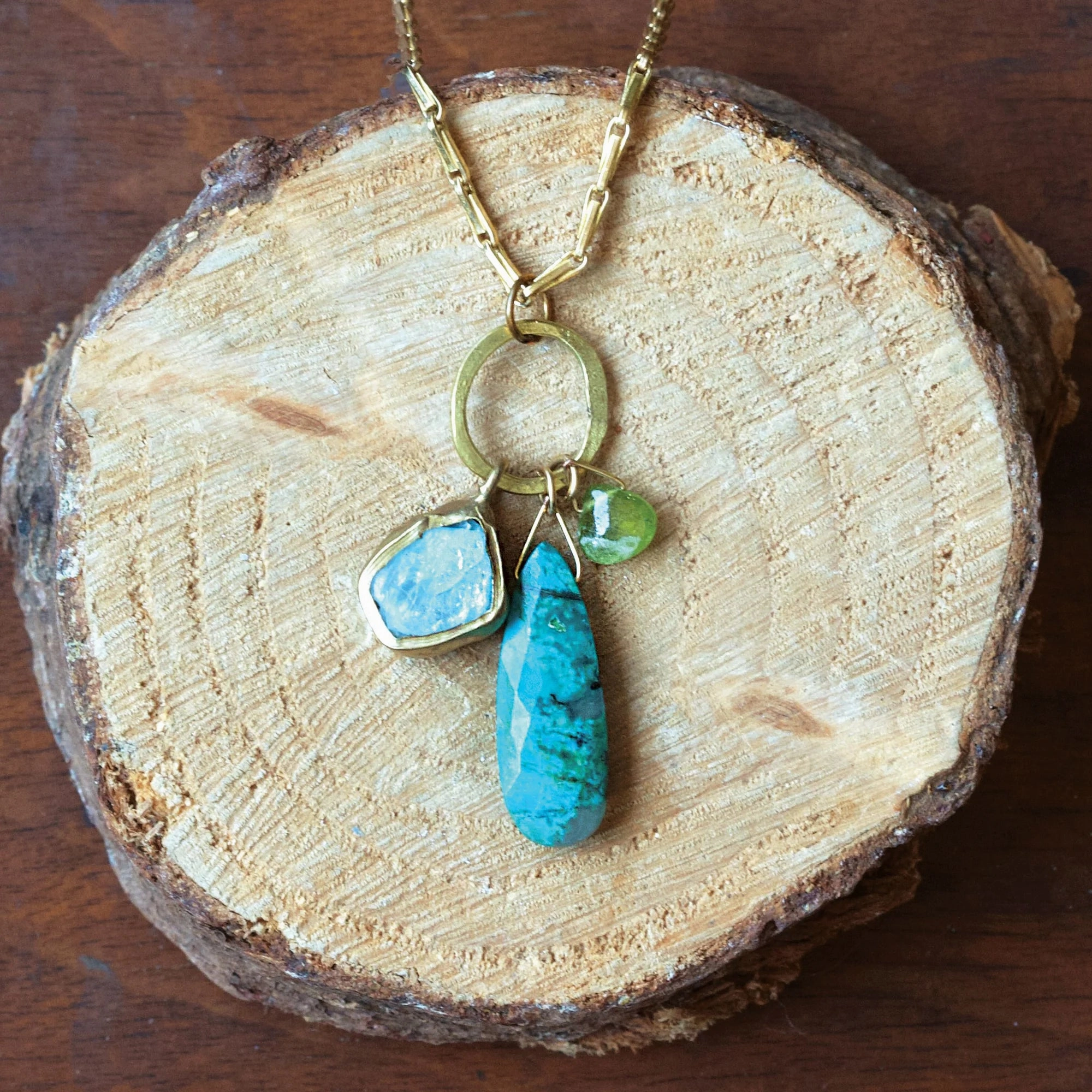 Lure Pendant - Brass, Aquamarine, Vesuvanite   Chrysocolla Timeless Edge Luxe Shine