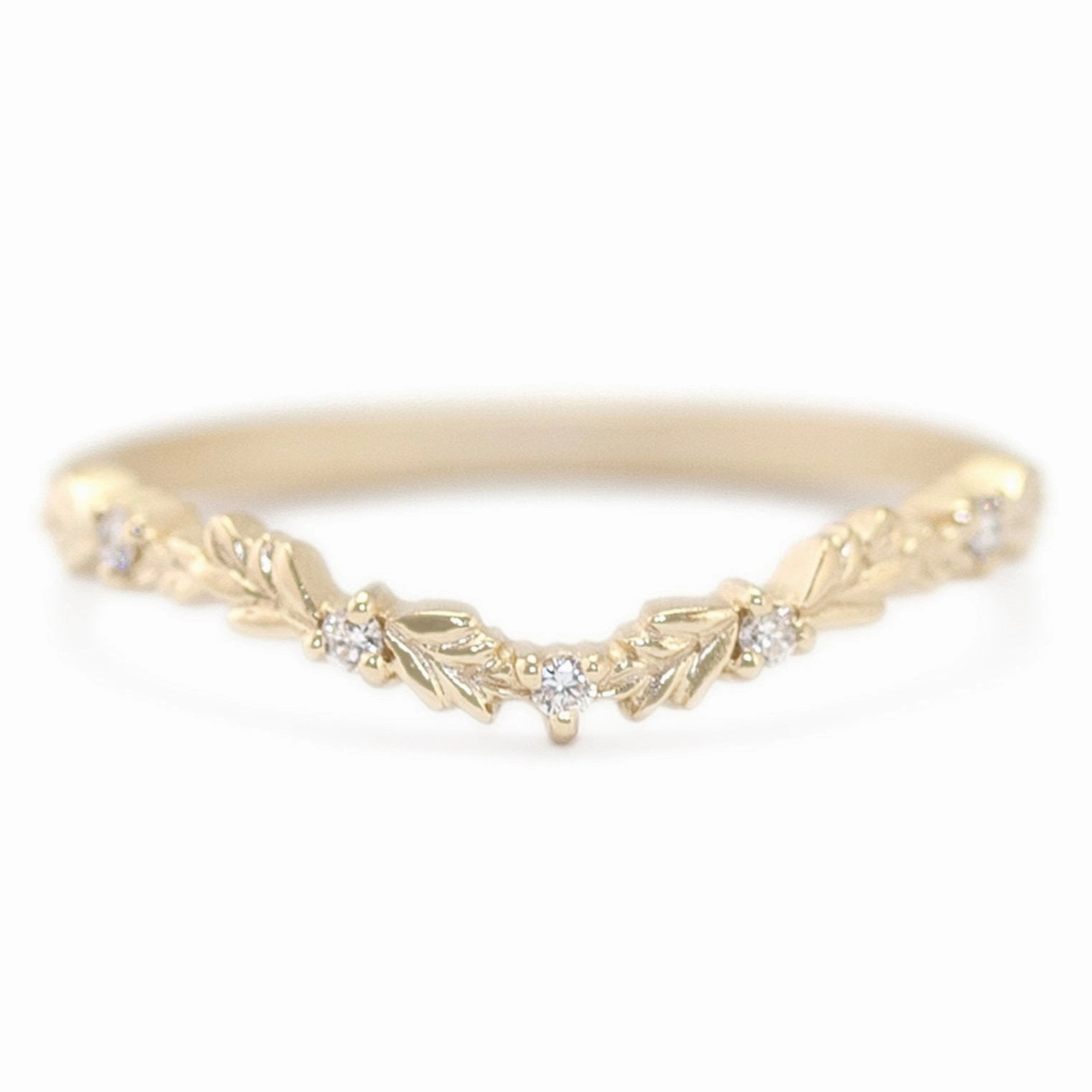 Wood Nymph Slender Soft V-Guard Band -18k Yellow Gold   Diamonds (.04 ctw) Subtle Fit Refined Mood
