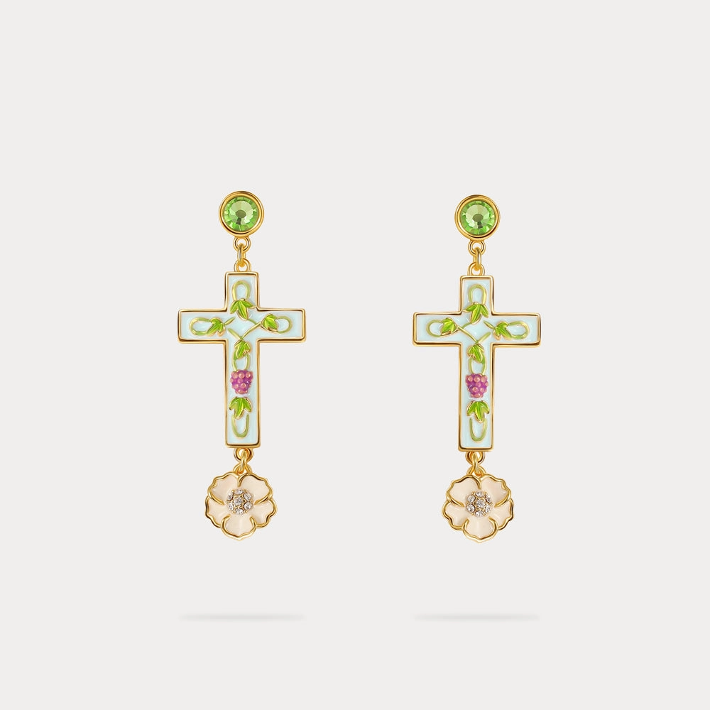Textured Accent Cross Grape Vine Yard Earrings