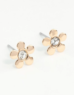 Natural Details Elegant Craftwork Gold Mini 70s Dia Flower Stud Earrings