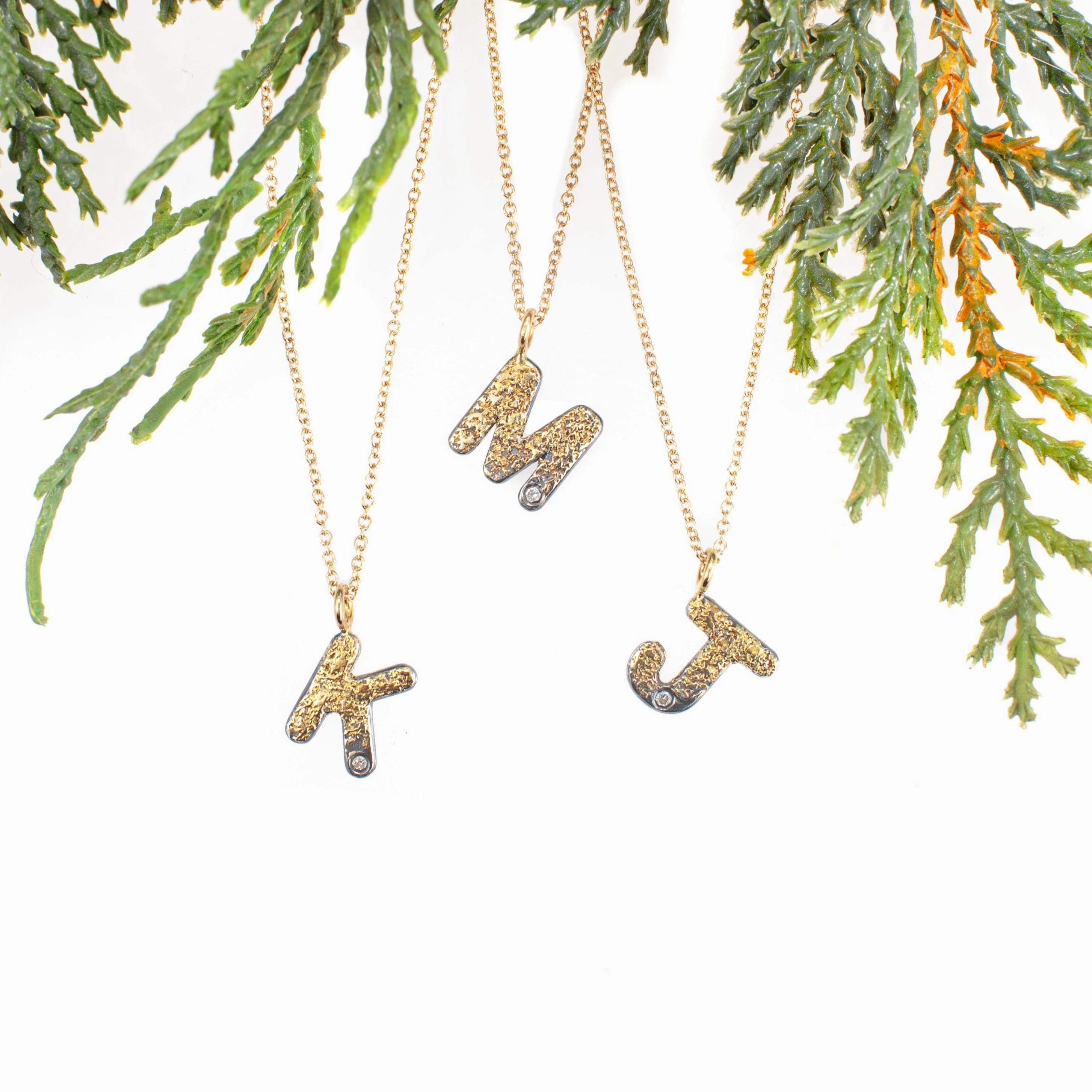 Bright Pop Luxe style Alphabet Necklace 2.0 on 14ky Gold Chain - 22ky, 18ky, Oxidized Silver   VS Diamond