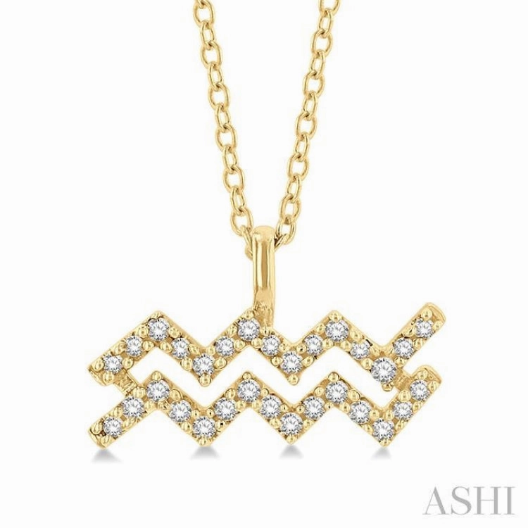 Elegant Charm Understated Chic 1/10 Ctw Aquarius Round Cut Diamond Zodiac Pendant With Chain in 10K Yellow Gold