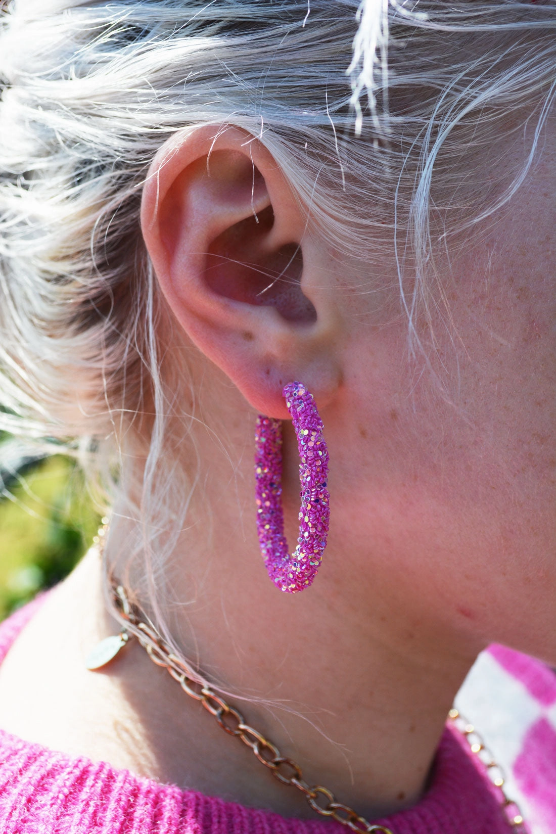Star Detail Soft Statement Magenta Glitter Hoops