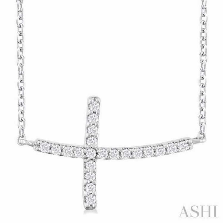 Simple Detail 1/10 Ctw Petite Sideways Cross Round Cut Diamond Fashion Pendant With Chain in 10K White Gold