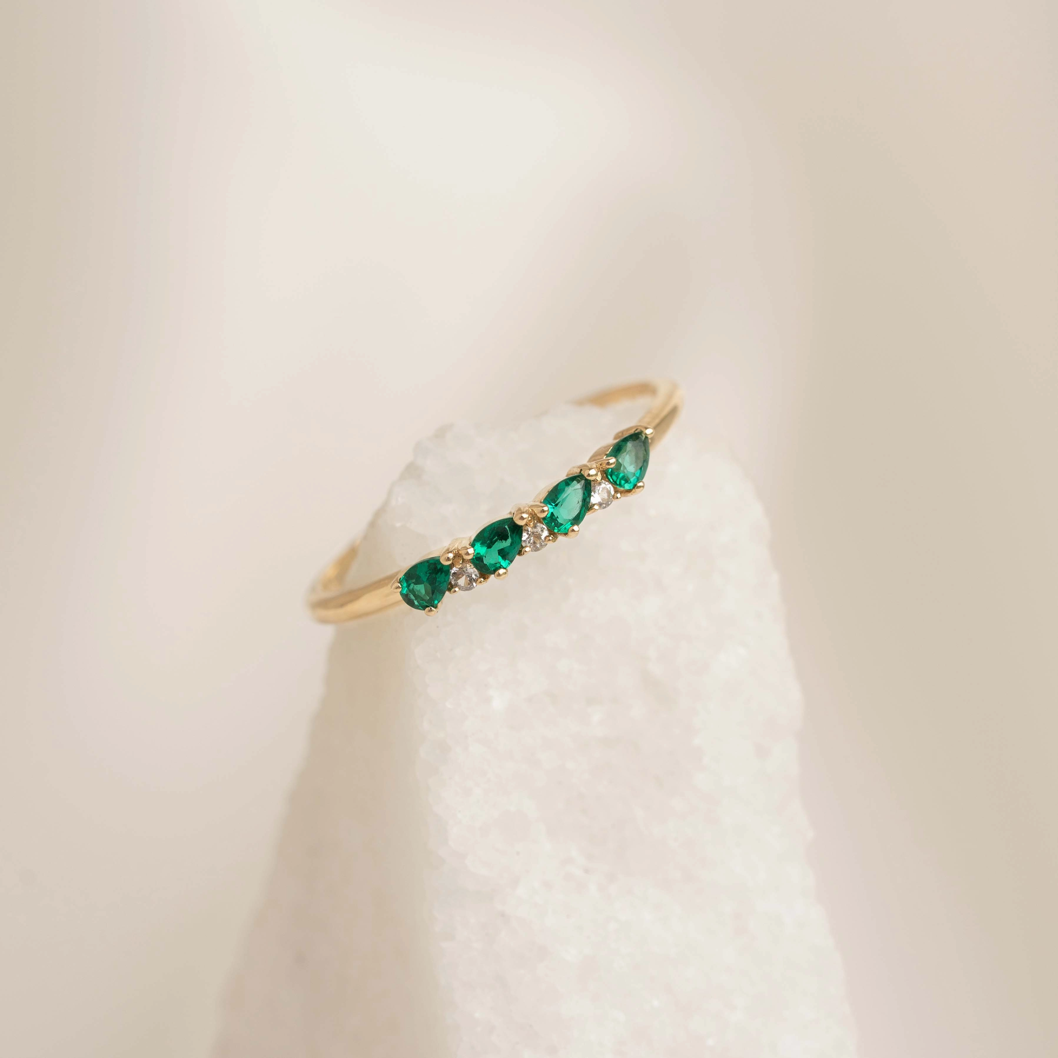 Shining Accent May Birthstone Pear Ring 14k Gold - Emerald and Diamond
