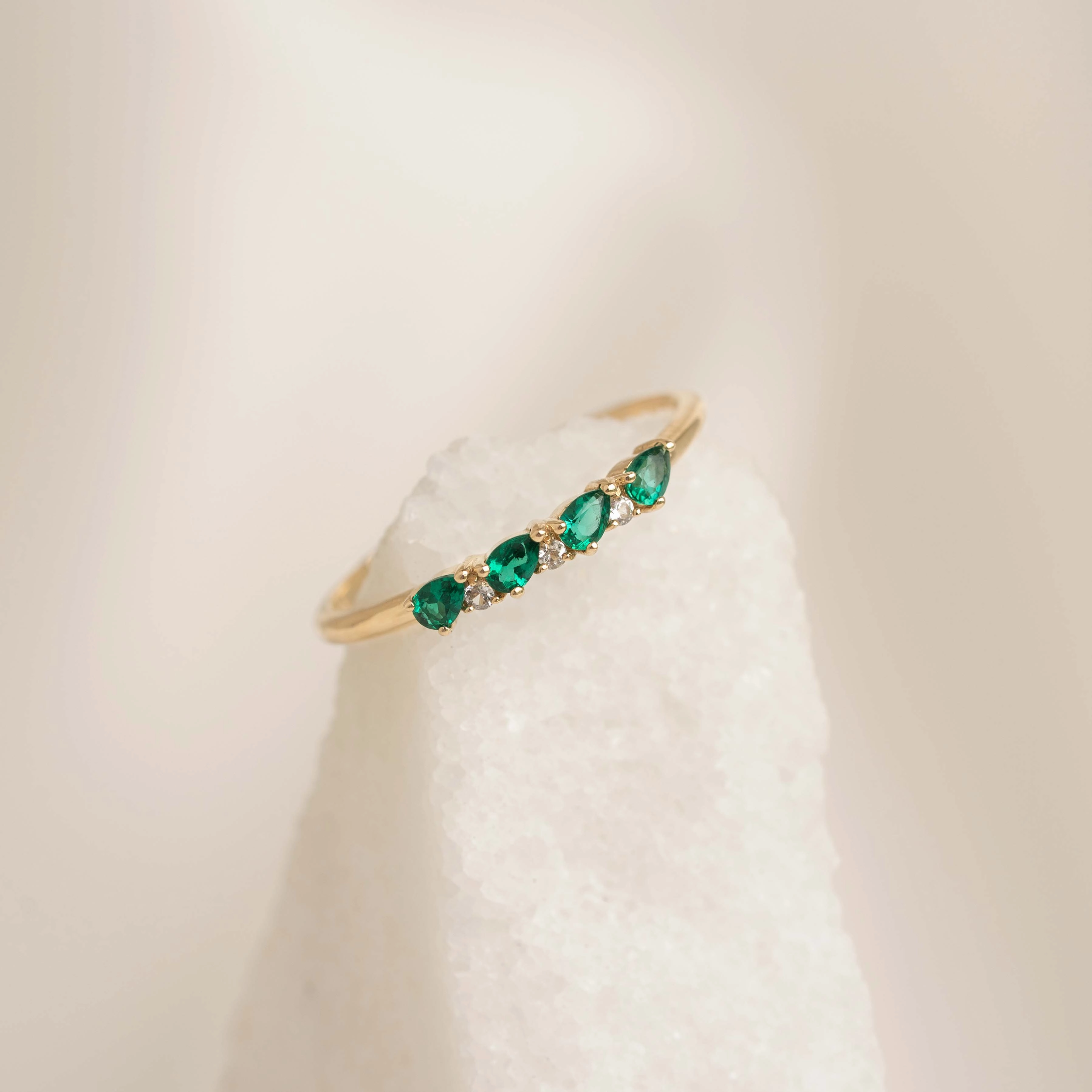 Economical Piece May Birthstone Pear Ring 14k Gold - Emerald and Diamond