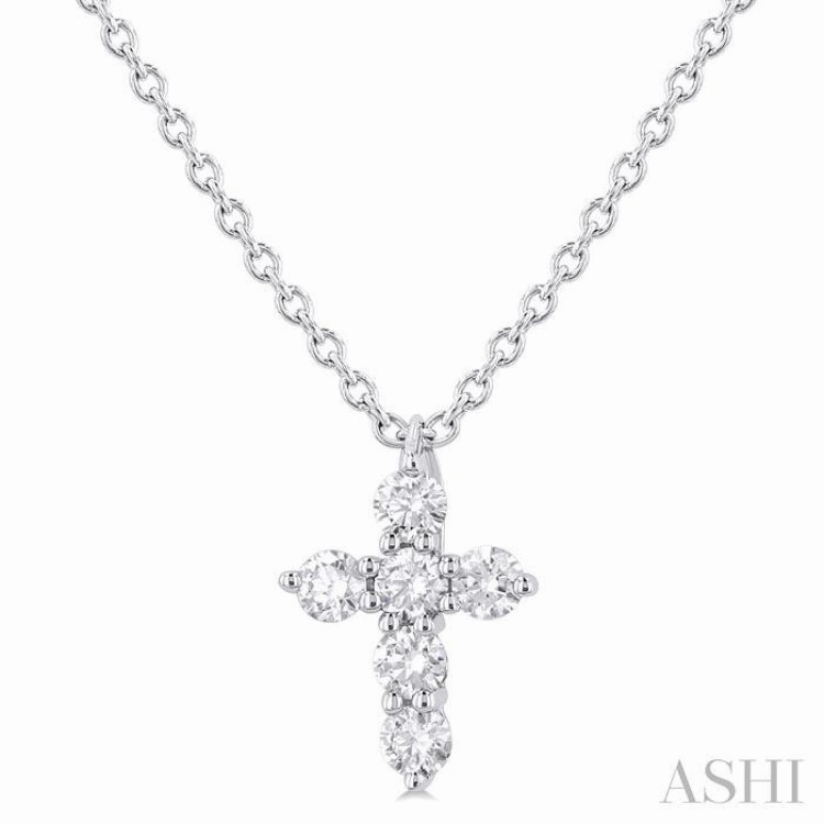 Event Gift 1/6 Ctw Round Cut Diamond Christian Cross 6-Stone Fashion Pendant With Chain in 14K White Gold